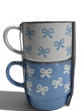 Bow Print Ceramic Mug Set of 2, Blue and White Coquette Aesthetic, NEW